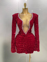 Sexy Shiny Red Sequins Rhinestones Sheath Mini Dress 2025 New Women Evening Birthday Party Nightclub Stage Performance Costume
